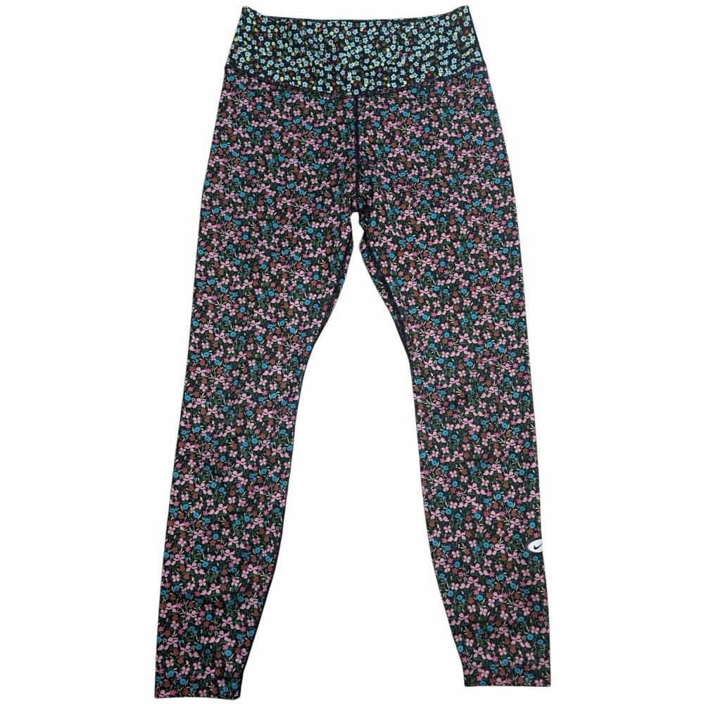 Nike Dri-FIT Womens M Floral Leggings Black Pink Blue Workout Yoga Pants